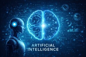 Artificial Intelligence concept showing digital brain and technology