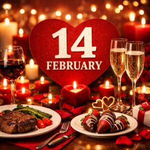 Romantic Valentine’s Day dinner ideas for couples featuring candlelight, steak, dessert, and champagne on February 14